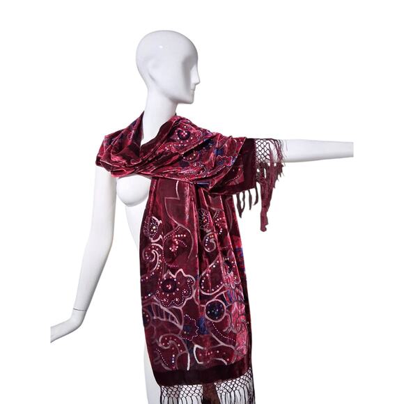 Womens Velvet Burnout Sequin Beaded Fringe Whimsical Fairycore Witchy Scarf Wrap - Picture 1 of 7